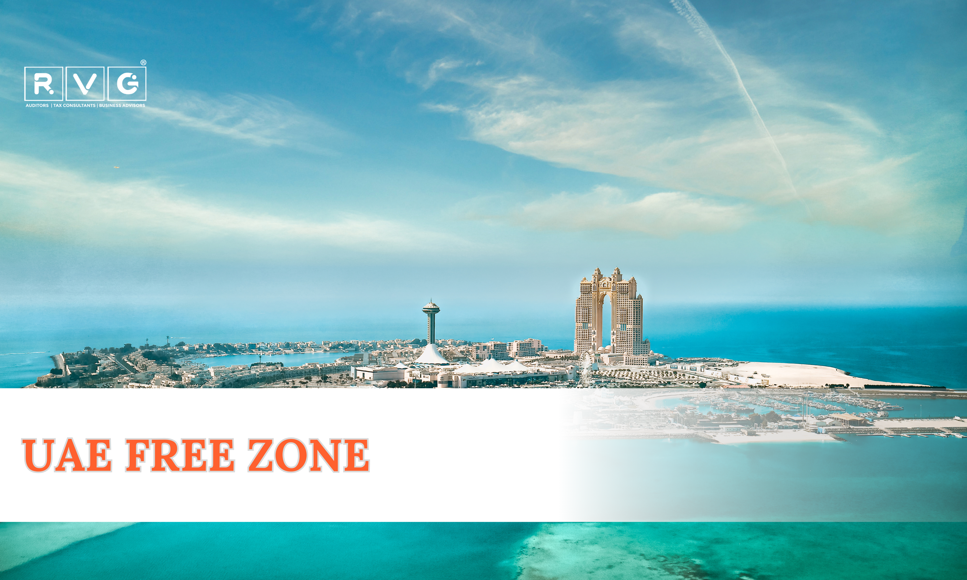 Panoramic view of a UAE coastal area with modern buildings, representing a UAE Free Zone.