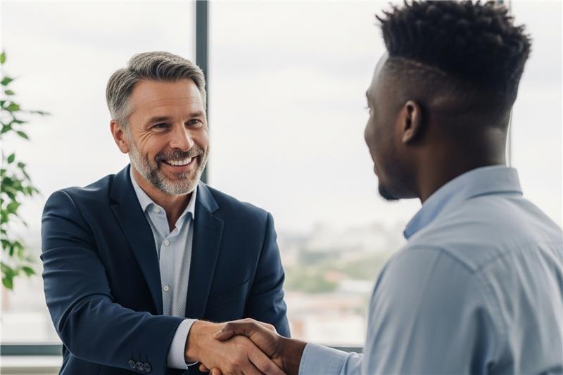 DMCC Approved auditors in Dubai, UAE shaking hands with a client in an office setting