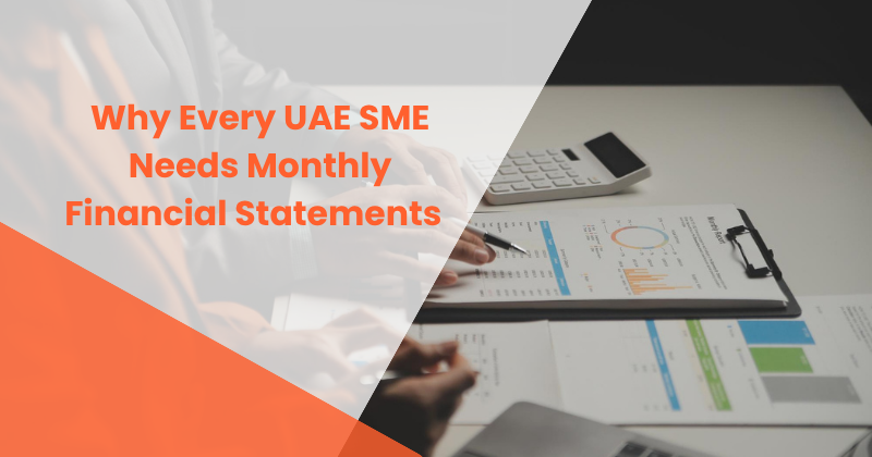Monthly financial statements review for a UAE SME business with accountant analyzing financial reports